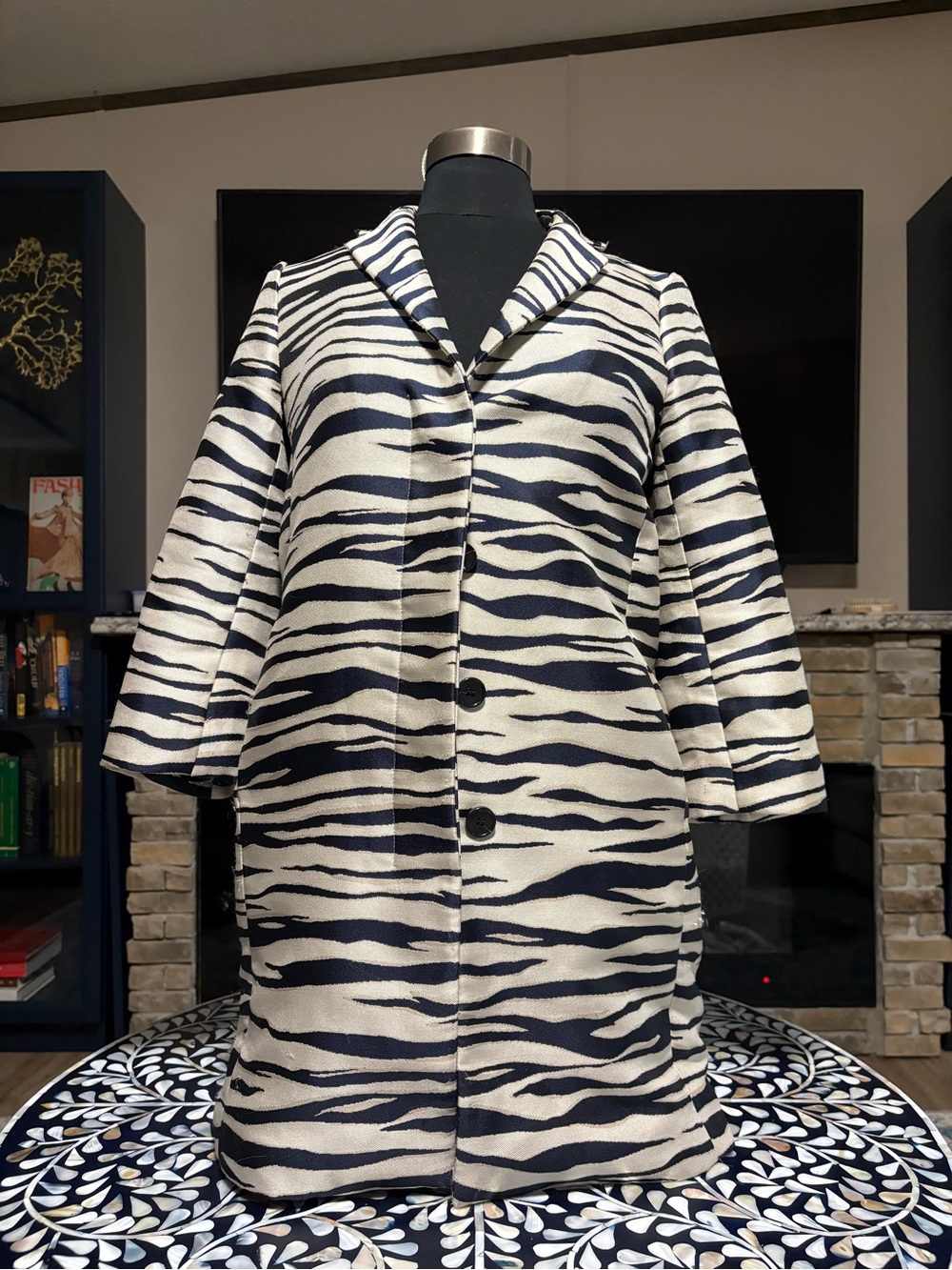 Ann Taylor Navy and White Zebra-Print Trench Coat